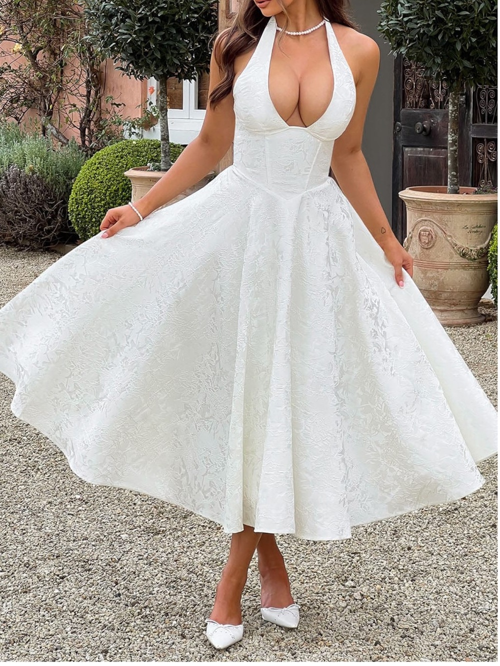 Halter-Neck Cream Jacquard Fit-and-Flare Wedding Dress